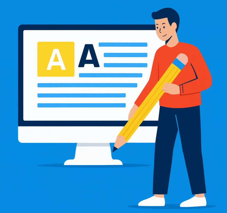 Illustration of a specialist editing website text on a computer screen, representing quick website, SEO, and content fixes.